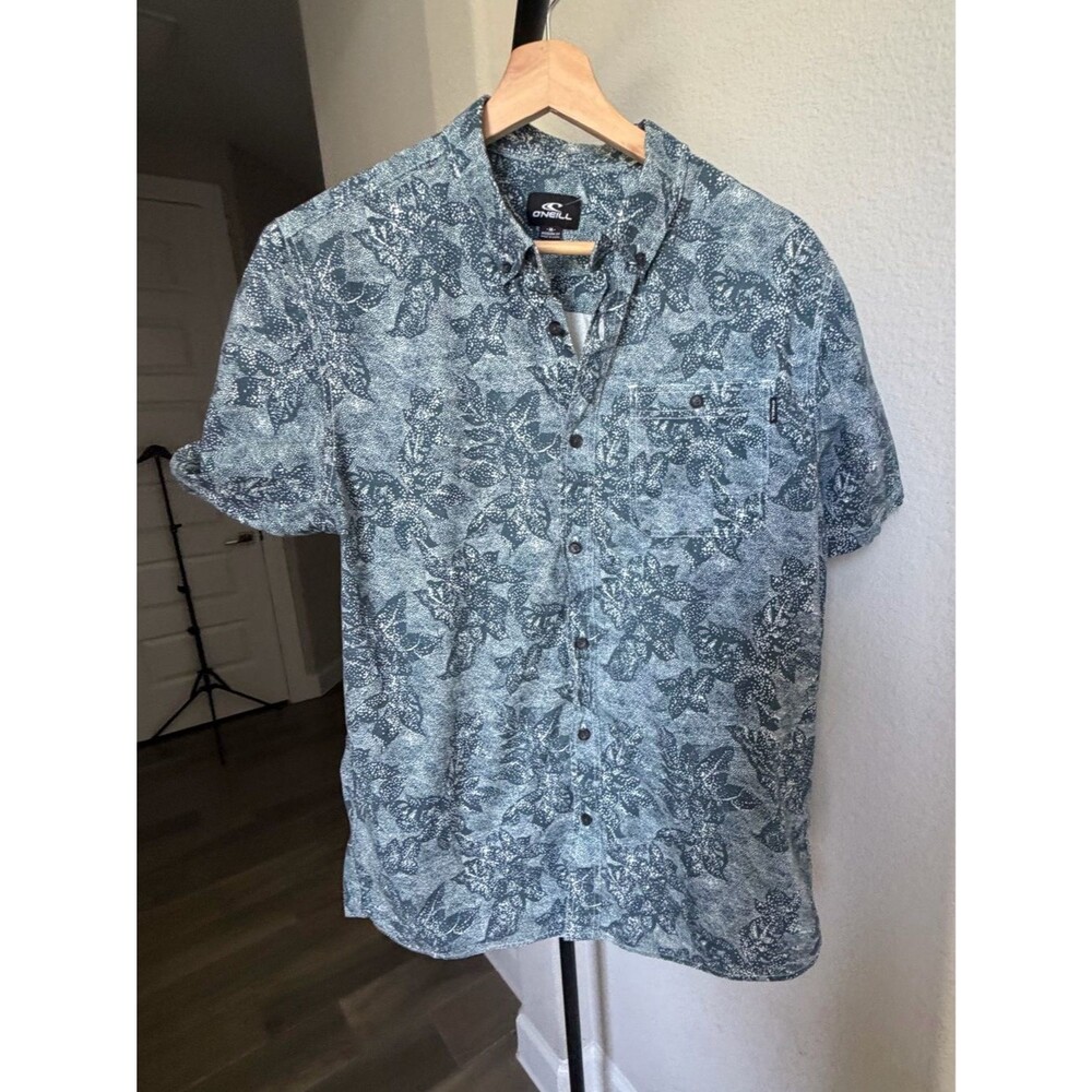 O'Neill Men's Short-Sleeve Floral Button-Down Shirt - Teal and Navy M
